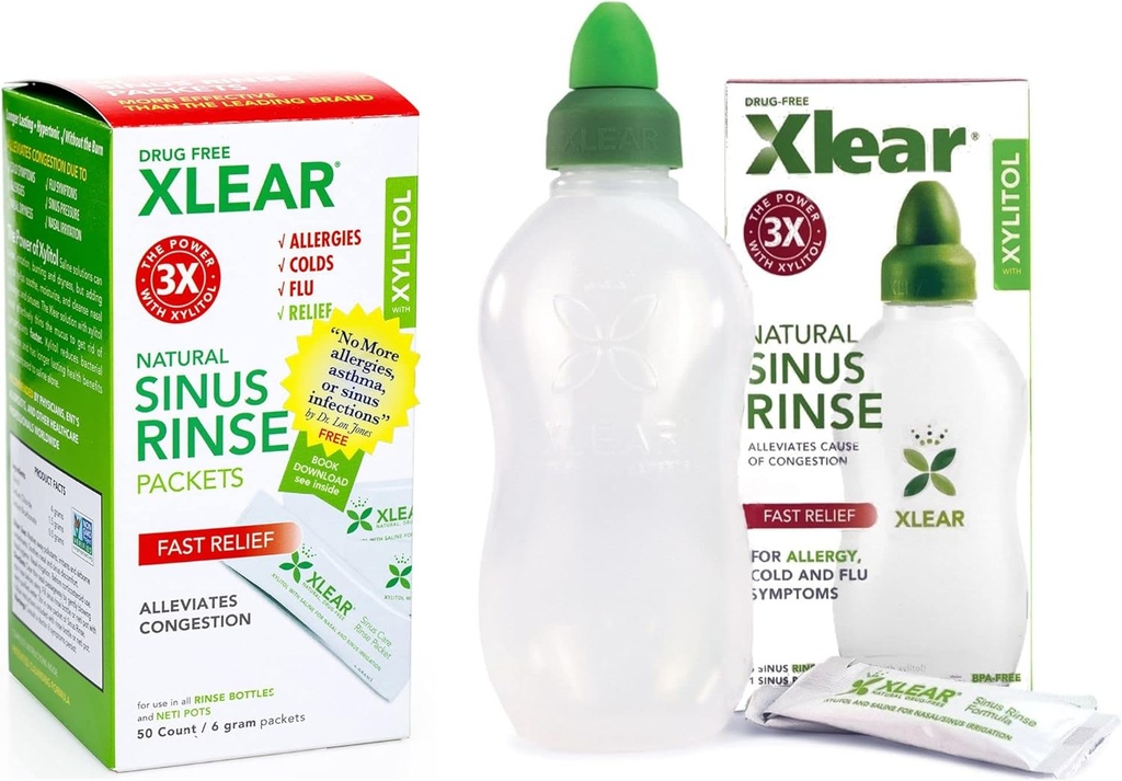 Xlear Natural Xylitol Sinus Rinse Refill, Neti Pot Saline Packets - Nose Cleaner for Fast Stress and Congestion Relief, עובד עם רוב מערכות ההשקה Nasal Irrigation, 50 הרוזן ו 1 רניזה בקבוק