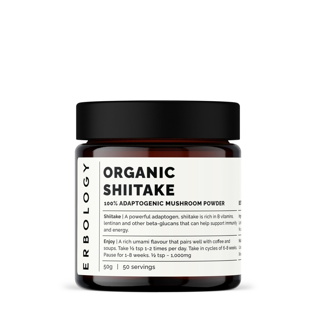 Erbology אורגני Shiitake Mushroom אבקת 50 לשרתים - 11% Beta-glucans - Immunity and Energy - Lentinula edodes - Small Batch - צומח באופן בלתי צפוי באירופה - טבעוני - non-GMO - לא תוספת מילויים