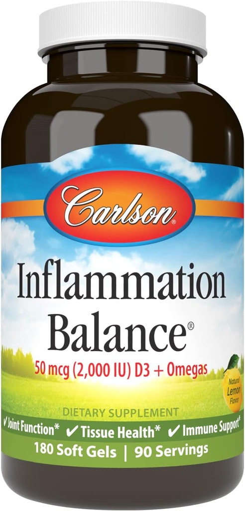 קרלסון - Inflammation Balance, Balanced אומגה 3 & אומגה-6 Ratio, עם D3, נורוויג'ן, Wild-Caught Fish שמן תוספת עם שומן Acids, Sustainly Sourced Fish כמוסות, 180 Softgels