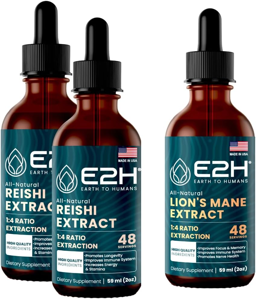E2H: Reishi (2 Pack) & Lion's Mane Extracts - Energy, Longevity, Cognitive Sharpness, Immunity - Non-GMO, טבעוני - 2 Fl Oz כל (6 Fl Oz Total) - Bundlele
