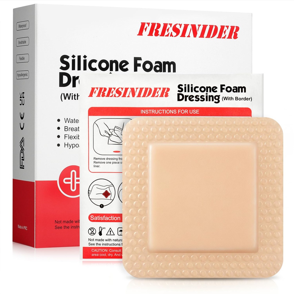 FRESINIDER Silicone Foam Dressing with Adhesive Border - Wound Dressing Bandage - Silicone Foam Pad - Pack of 10 - 4 x 4 Inches Large Water Defages - Self Adhesive Wound Care and Dressings