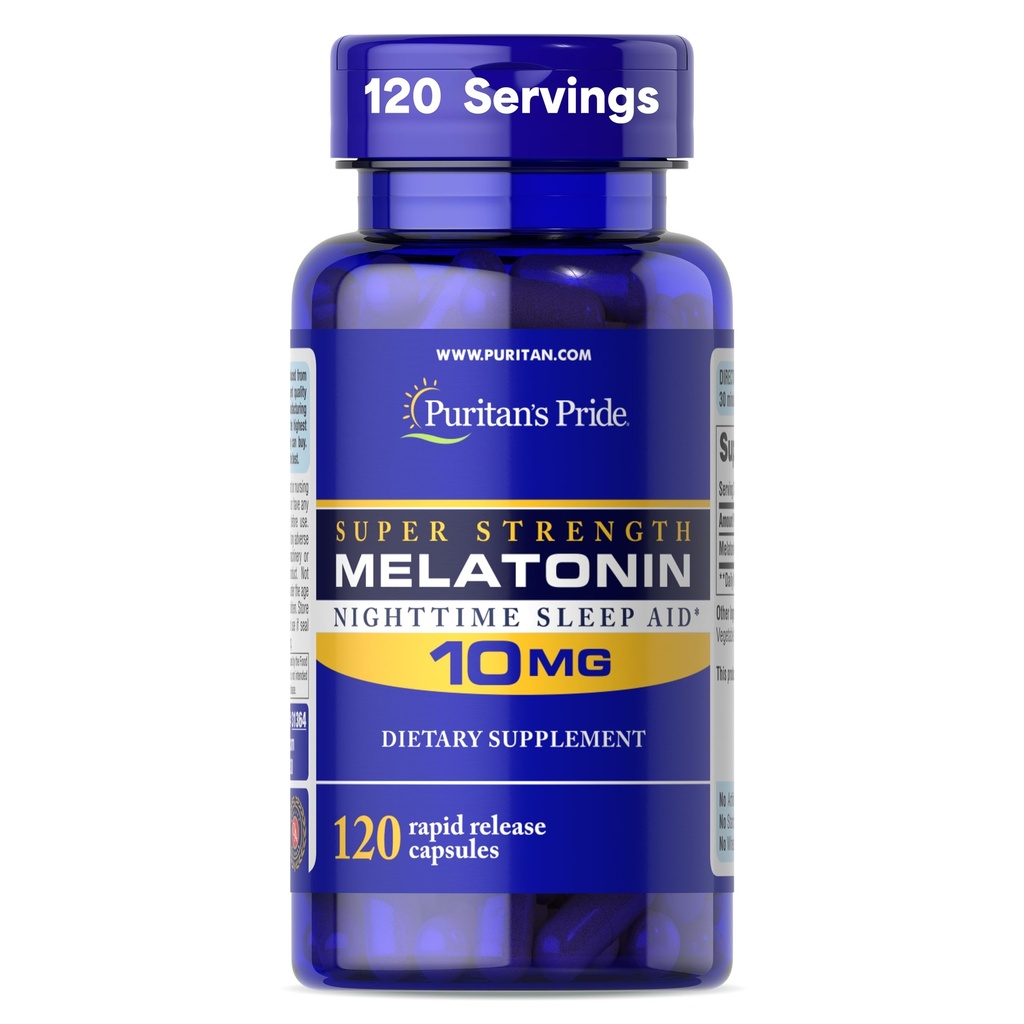 גאווה של Puritan's Pride Premium Super Power Melatonin 10mg Sleep Aid, תוספת תזונתית עבור Sound, Restful, ו- Longer Sleep Support, 4 חודשים אספקה, 120 קפסולות שחרור מהיר (Packaging May Vary)