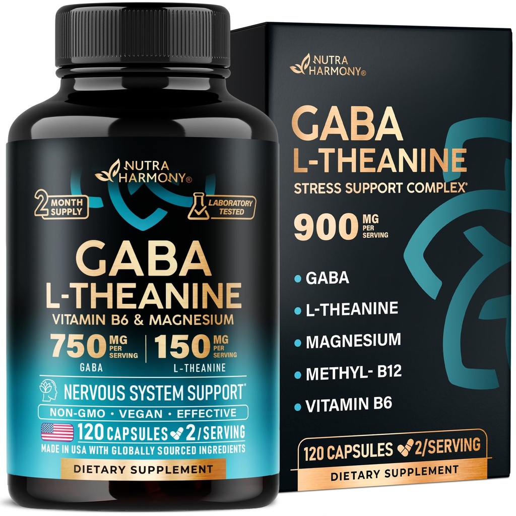 GABA L-Theanine 900 מ"ג - Made in USA - מגנזיום | ויטמין B6 - Calm, Sleep,laxation & Mood Support - 750 מ"ג Gamma Aminobutyric Acid, 150 מ"ג L-theanine - Non-Habit Forming, טבעוני - 120 קפסולות