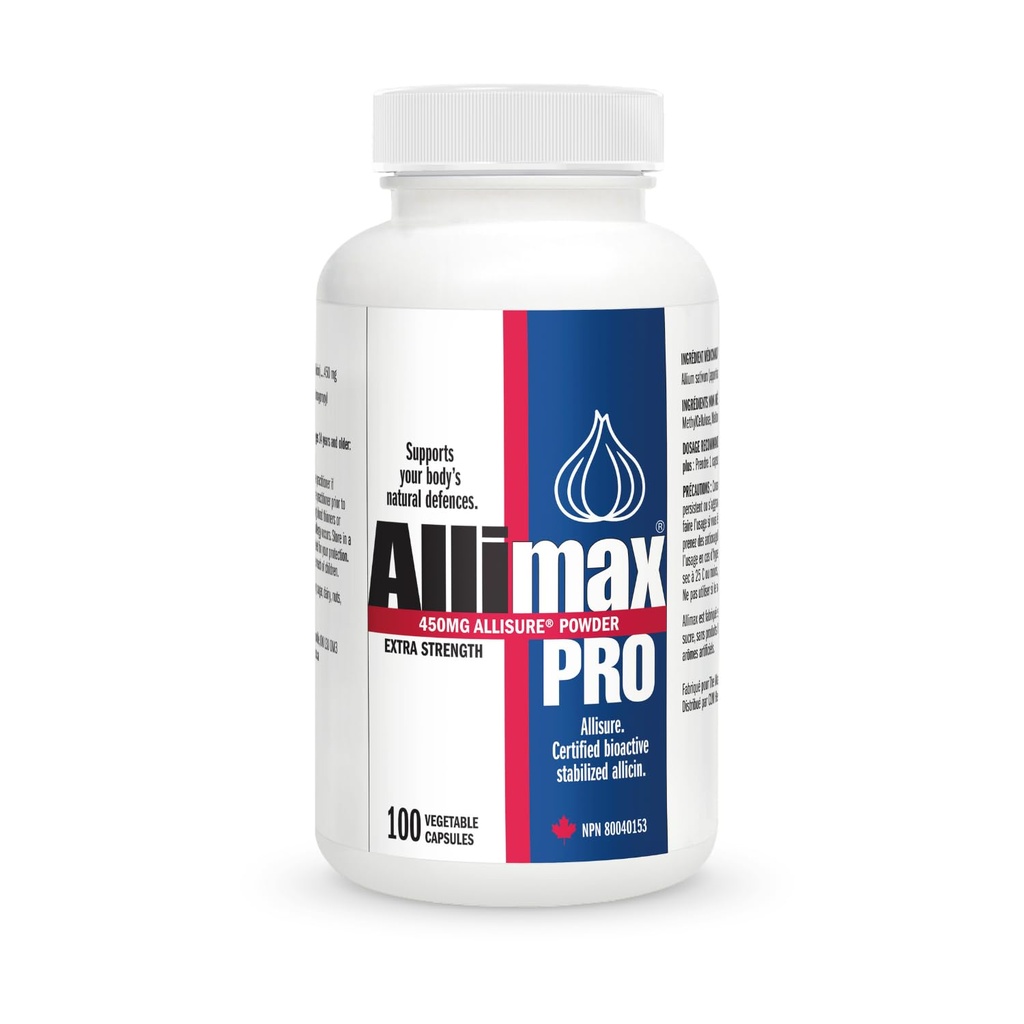 Allimax Pro 450 מ"ג 100 Vegicaps. Allicin Garlic תוסף לתמיכה בתפקוד החיסון של הגוף שלך. עם Allicin סטטין מופק מספרדית נקייה וברת קיימא Grown Garlic. כוח מקצועי