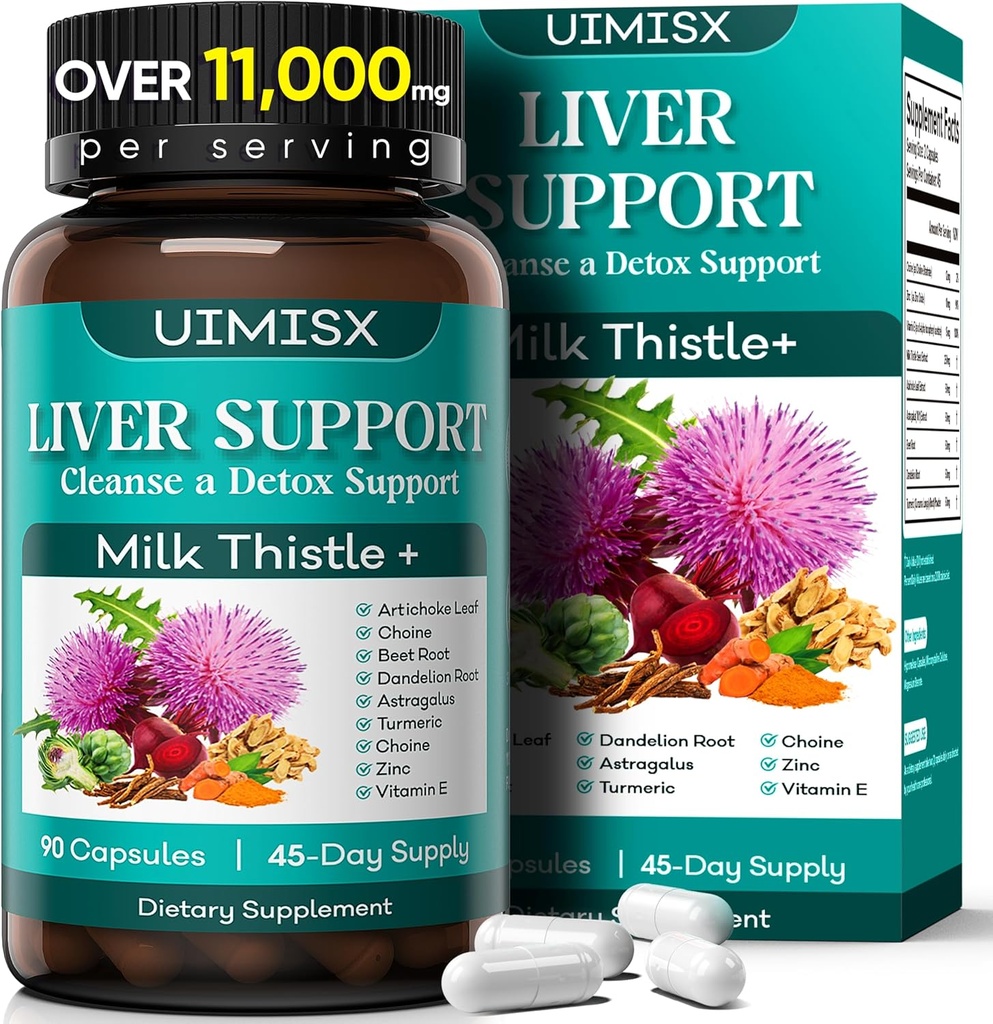 Milk Thistle תוסף - Liver Detox Cleanse Formula Herbal Liver Support with Milk Thistle, Dandelion Root, Artichoke, Turmeric, Astragalus for Liver Health, 90 קפסולות
