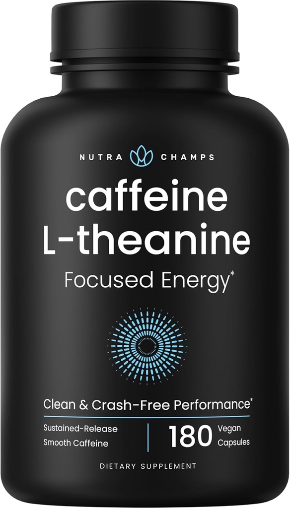 גלולות Caffeine עם L-theanine עבור אנרגיה ממוקדת, Smooth & ניקוי תוסף אנרגיה עבור Focus & ביצועים, ללא התרסקות, No Jitters, 60 Energy Pills