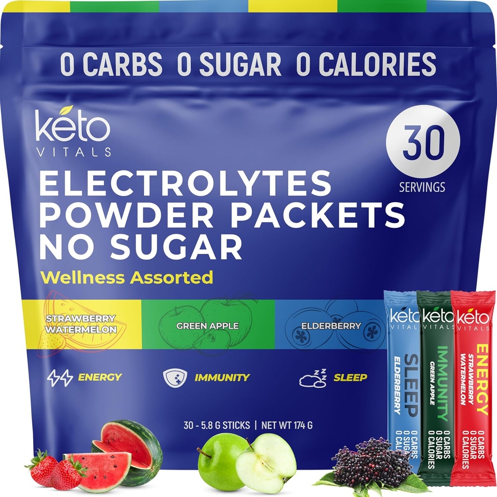 Keto Vitals Electrolytes אבקת Packets עם אנרגיה, חסינות, תוספת שינה יתרונות | Boost Energy, מחזקת חסינות, שיפור שינה | Zero Sugar, Zero Calorie, Zero Calorie