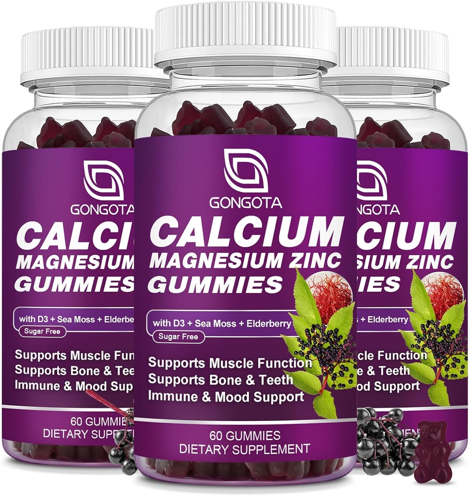 GungOTA Calcium Magnesium Zinc עם תוסף ויטמין D3, גבוה Absorbent Calcium חניכיים עם 300 מ"ג Magnesium glycinate תמיכה העצם & שיניים, שרירים למבוגרים ומתבגרים,Sugar חינם, (3 Pack)
