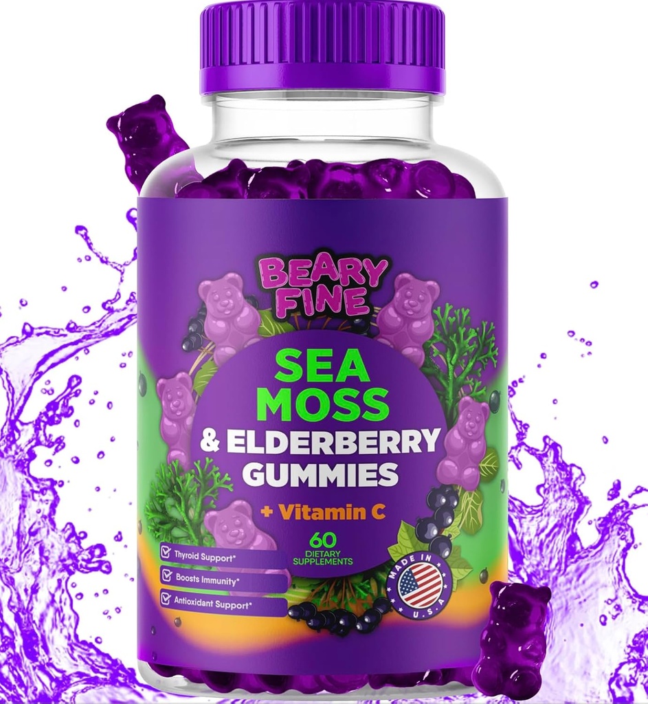 Sea Mosss Gummies & Elderberry - ויטמין C + Zinc - תוספת כוח Immune & Thyroid תמיכה Boostermy Bears עבור ילדים ומבוגרים - 60 מסטיקים Seamos - מיוצר בארה"ב