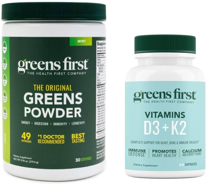 Greens First - Mint - 30 משרתים - ירקות אבקת סופר מזון, 49 Superfoods, 15 + ירקות אורגניים, חלב חינם, טבעוני ללא GMO - 9.86 oz ו D3+K2 ויטמינים, 60 קפסולות ירקות