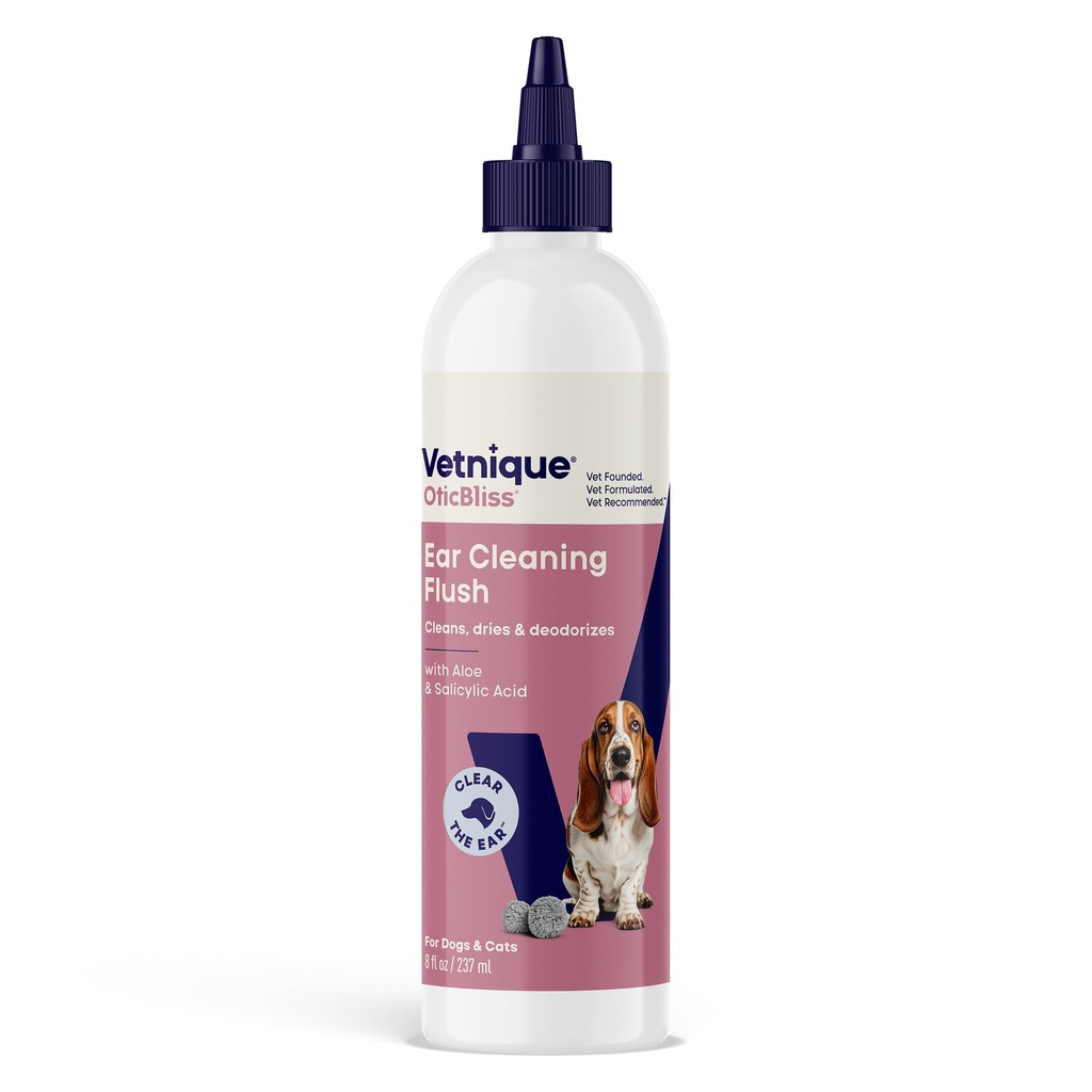 Vetnique Oticblis Cat & Dog אוזניים ניקויers: Medicated dog אוזניים טיפות עבור זיהומים, Antiseptic Flush, & Wipes כדי להפחית את אוזניות ואת הראש שking - Vet מומלץ עבור אוזניים Itchy (8oz, Flush)