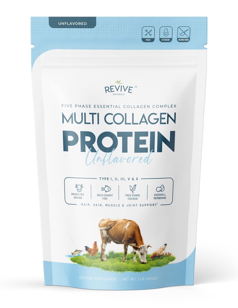 Multi Collagen hydrolyzed חלבון אבקה (16oz) - סוגים I, II, III, V & X - Grass Fed Bovine (Peptan®), Wild Catch Marine, Free Roaming Chicken & Eggshell Collagen Peptides, non-GMO, GF.