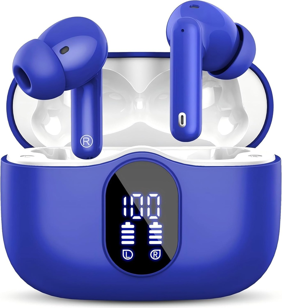 Wireless אוזניות Bluetooth 5.3 אוזניות באס Stereo אוזניים Buds עם Noise מבטלת תצוגת LED Mic ב אוזניות IP7 מים עמידים 36H Playtime עבור מחשבי מחשב עבודה בחוץ כחול
