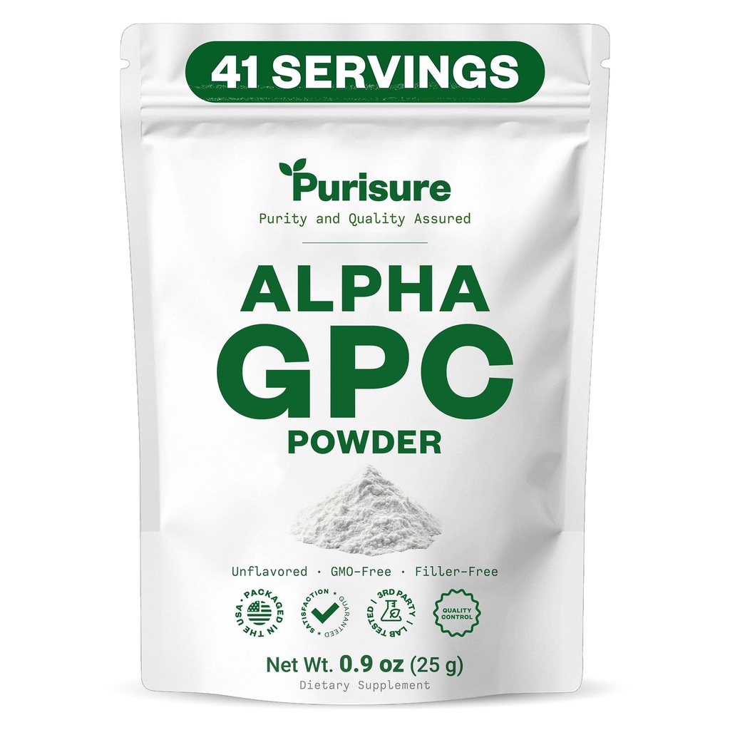 אבקת Purisure Alpha GPC, 25 גרם, Pure Alpha GPC Choline תוסף עבור המוח להתמקד, CDP Choline תוספי עבור ביצועי זיכרון וריכוז, No Fillers, non-GMO, מציעה 42 משרתים