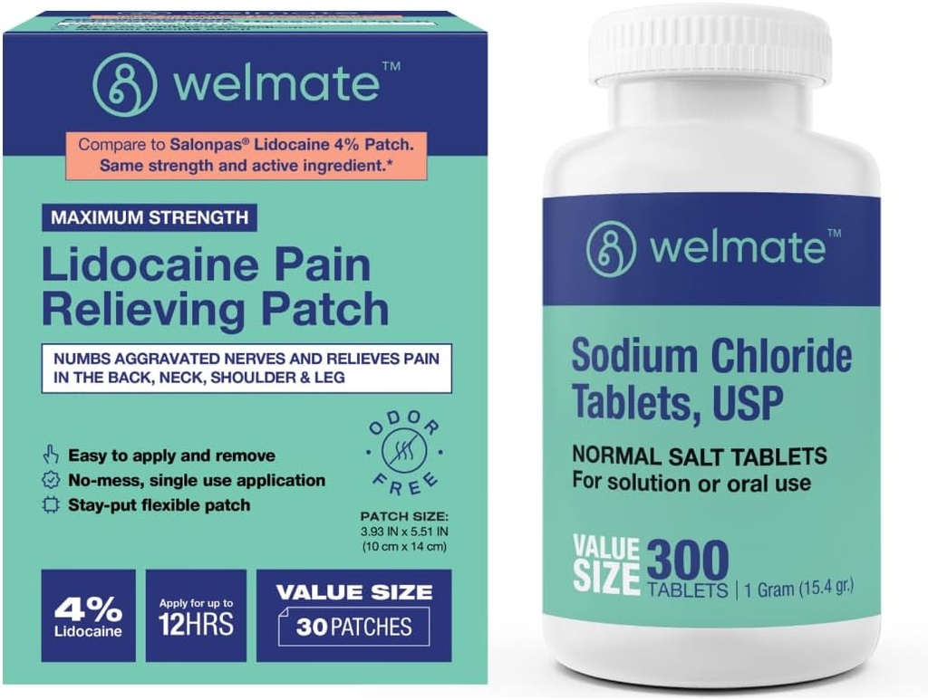 WeLMATE Bun Recoverydle: Sodium Chloride Tablet, 300ct + 4% Lidocaine Numbing Patch 30 ct