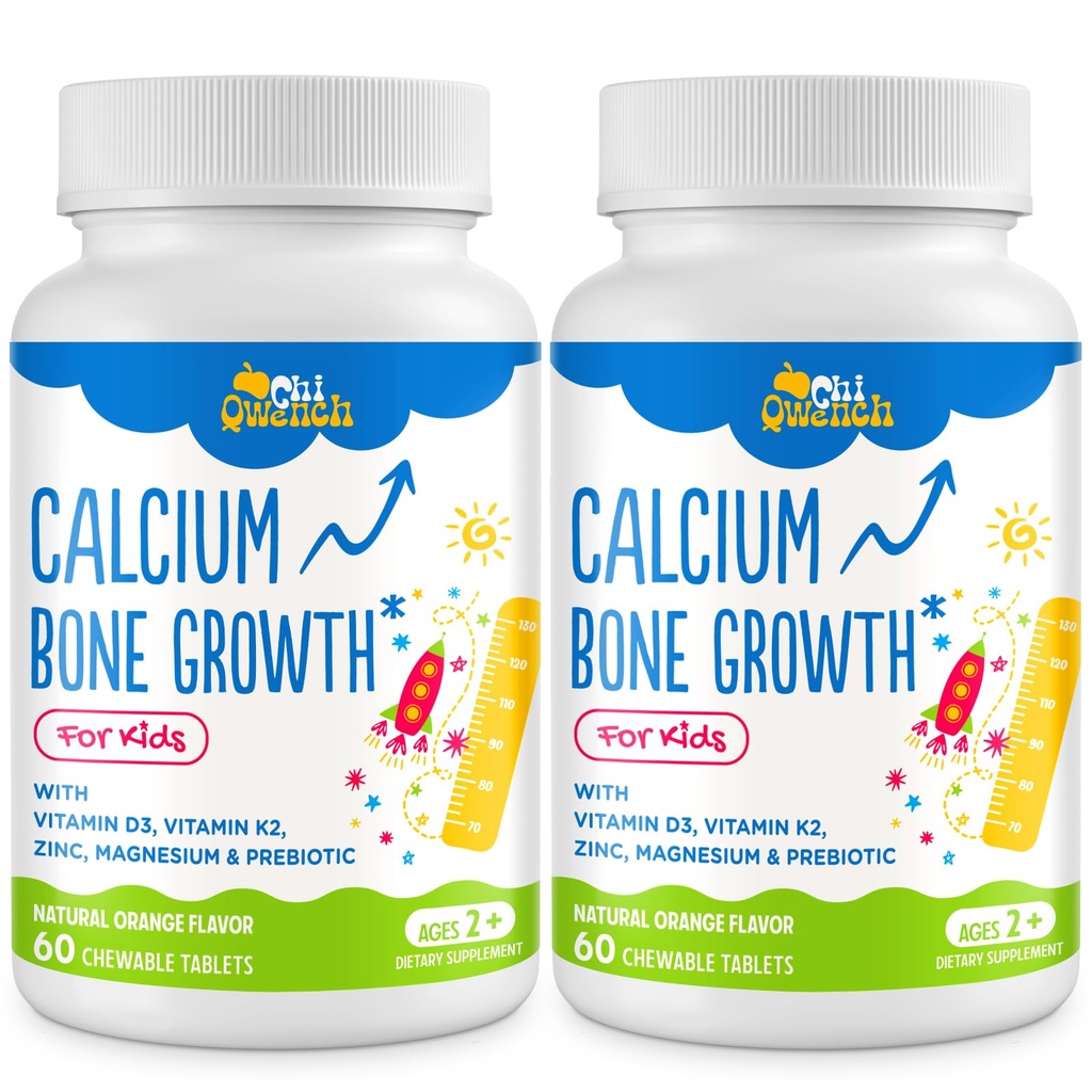 500 MG Calcium תוספת עם ויטמין D3 & K2, Zinc, Magnesium & Prebiotics. ויטמינים לילדים כוח העצם, Absorption גבוה, Orange Chewables, Gluten Free, 120 Tabs