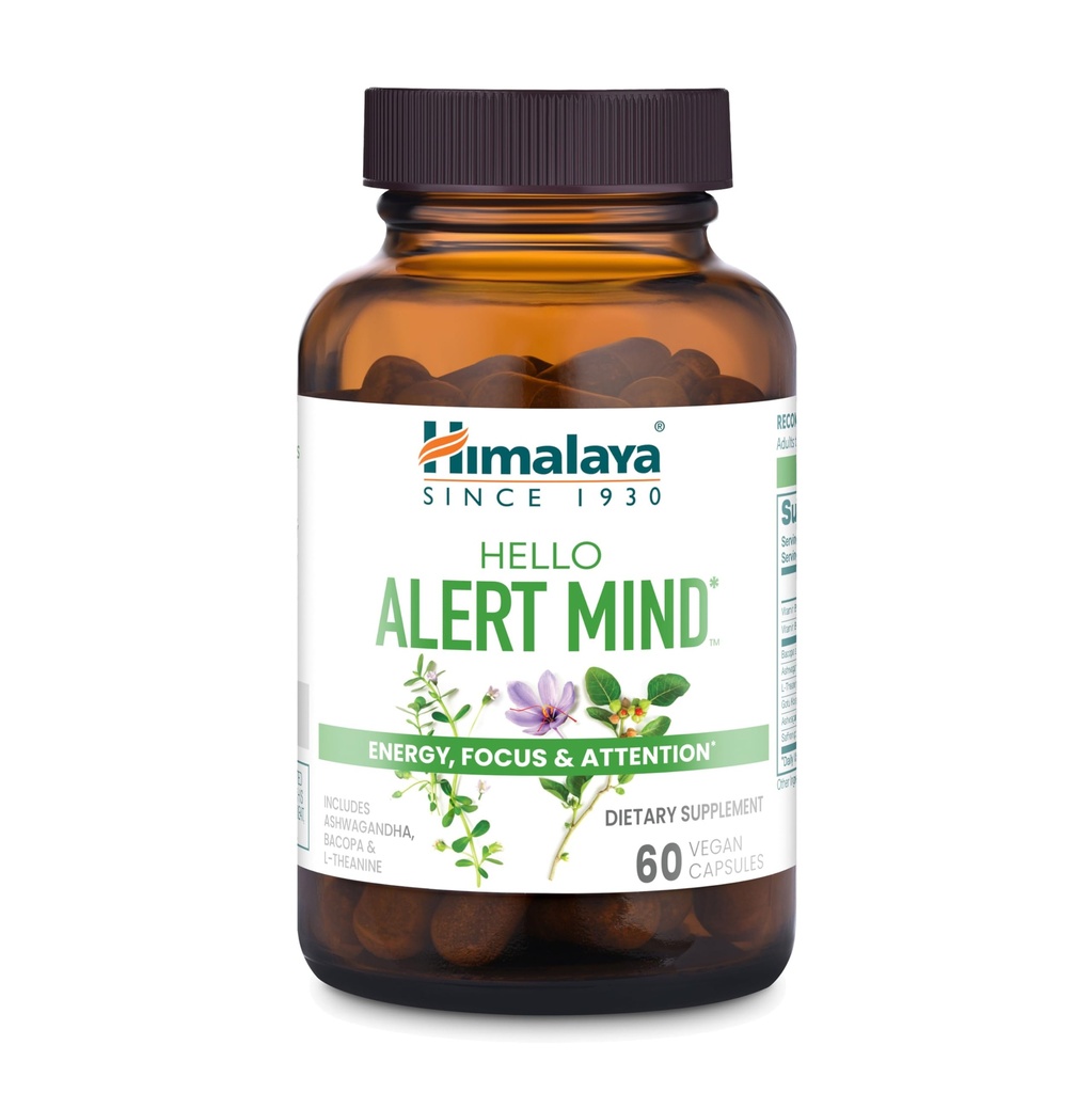 ההימלאיה Hello alert Mind with L-theanine, Ashwagandha, Bacopa, ויטמין B6 & B12, עבור אנרגיה, פוקוס ותשומת לב, טבעוני, גלוט חינם, 60 קפסולות