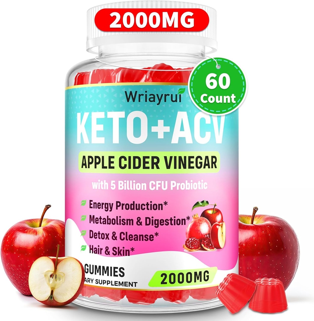 Apple Cider Vinegar Gummies, Fast Ripped Keto ACV Gummies, Max Power 2000 מ"ג, פורמולה עם תה ירוק, B6 & B12, Probiotics, ACV for Metabolism, Digest, Detox & ניקויse, 60 Counts Counts Counts