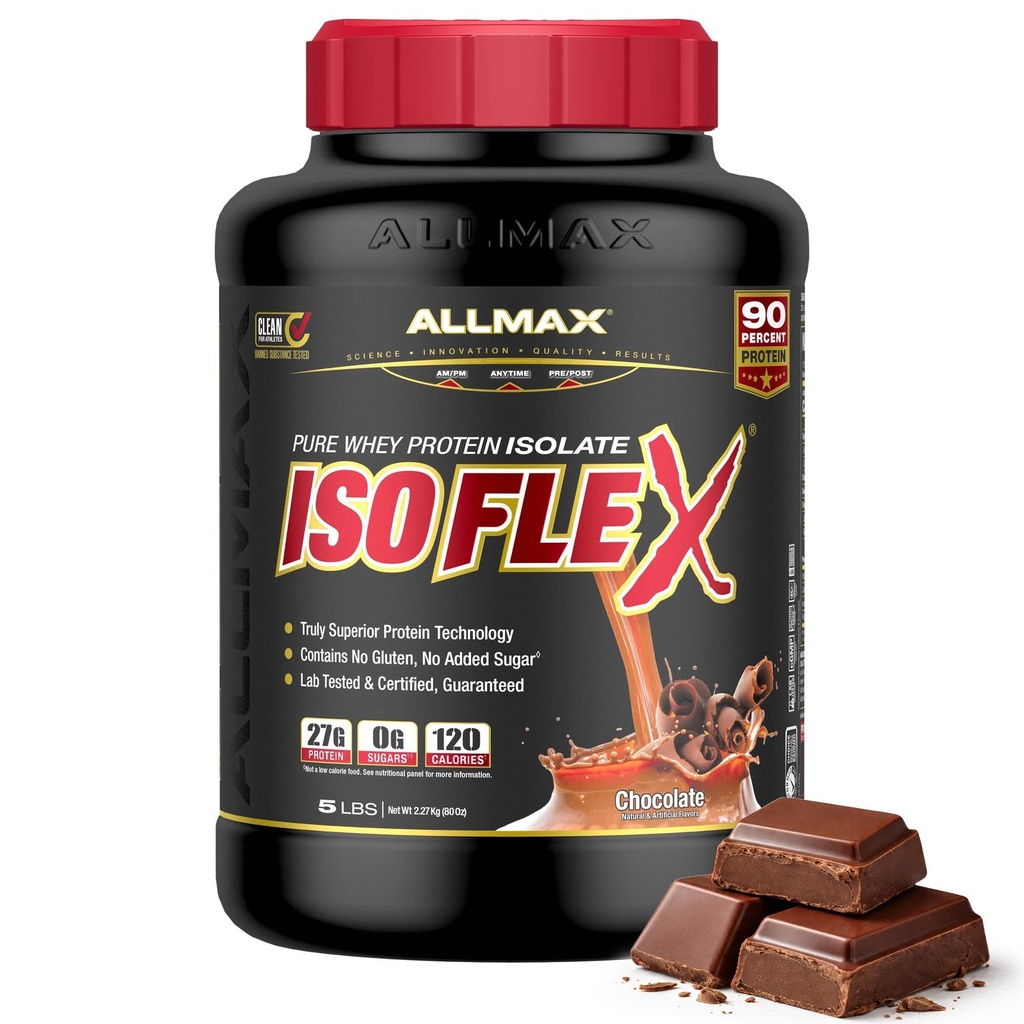 AllMAX Nutrition - ISOFLEX אבקת חלבון Whey, חלבון Whey, Isolate, 27g חלבון, שוקולד, 5 פאונד