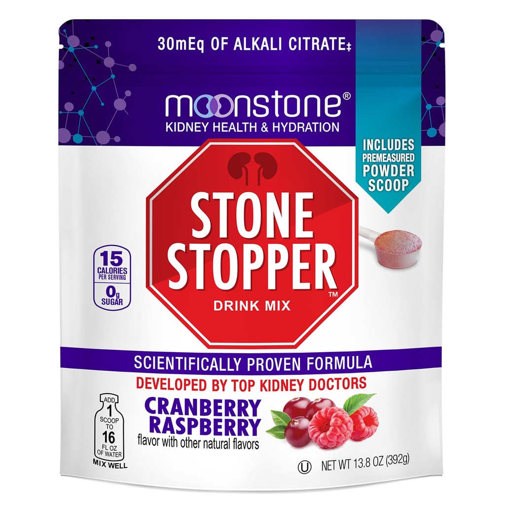 Moonstone Stone Stopper Drink, Cranberry Raspberry, Kidney Stone Prevention, Calcium Oxalate Protector, שפותחה על ידי אורולוגים כדי לשפר את ההידרות ולתמוך בבריאות Kidney, 30 יום אספקה