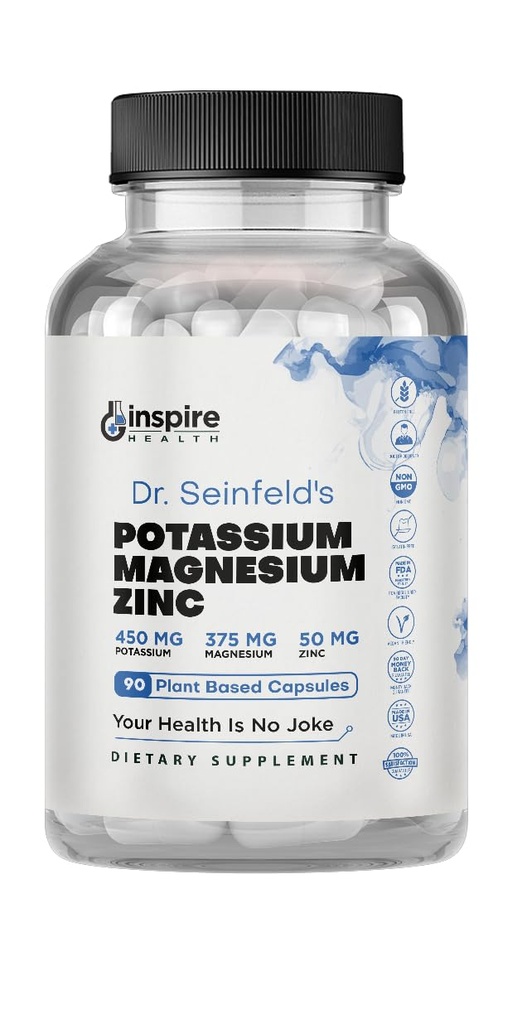 Magnesium Potassium תוספי w/Zinc - 90 קפסולות - Magnesium Potassium Zinc for Vascular Health - High Absorption טבעוני תוסף עבור Cramps & Sleep Dr Seinfeld