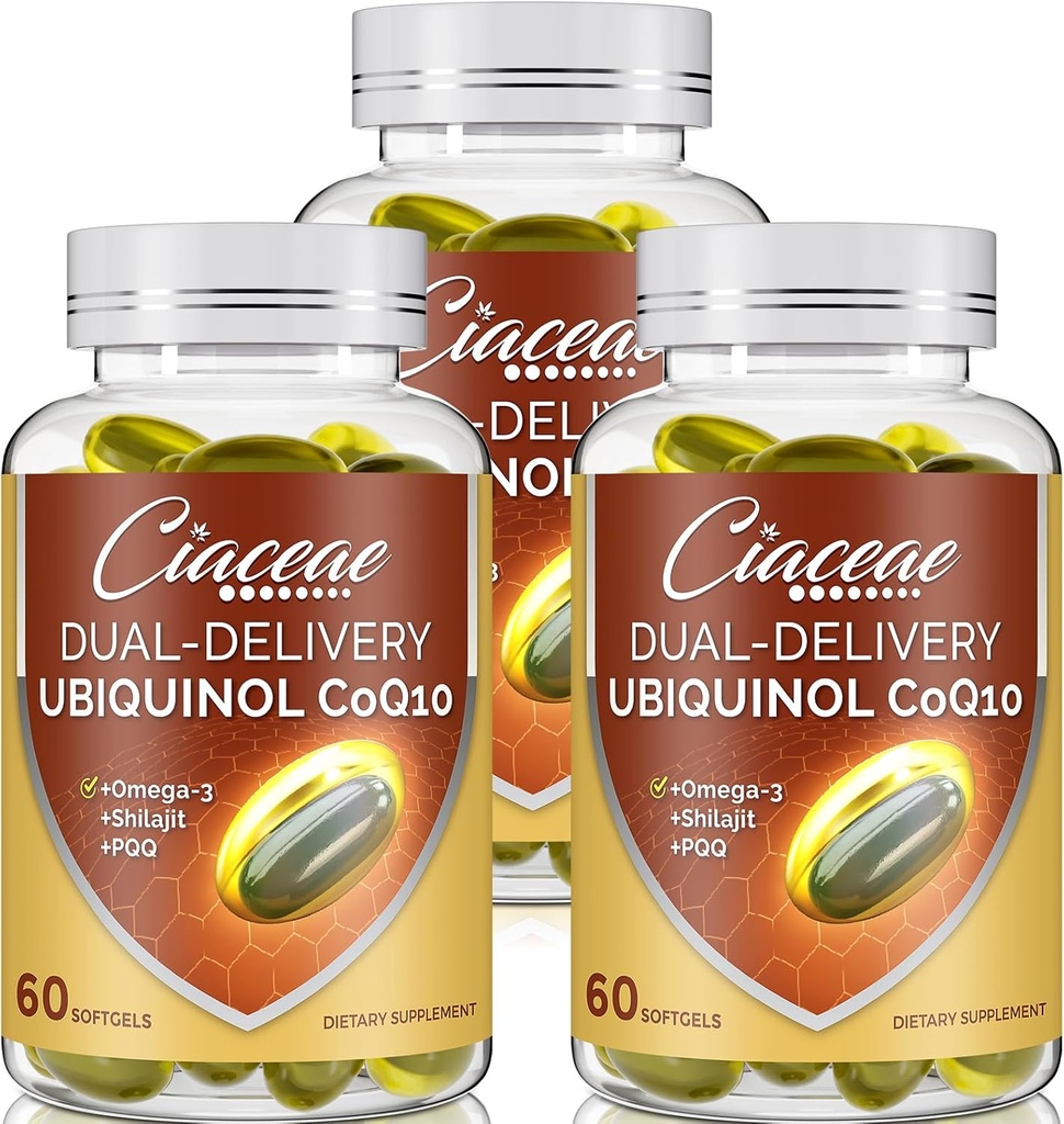 Ubiquinol CoQ10 600 MG Softgels עם אומגה 3 ו Shilajit & PQQQQ, מתקדם כפול-Delivery Coenzyme-Q10, Active CoQ10 Ubiquinol תוסף לפוריות, Antioxidant, Heart, Brain & Energy, 180 משרתים