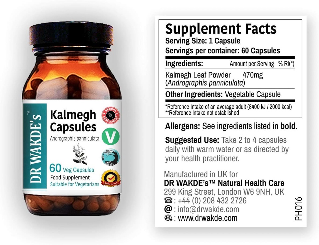 DR WAKDE'S Kalmegh קפסולות (Andrographis panniculata, 60 Veg Caps, Plant-based Supplement, Ayurvedic Herb, All Natural, טבעוני)
