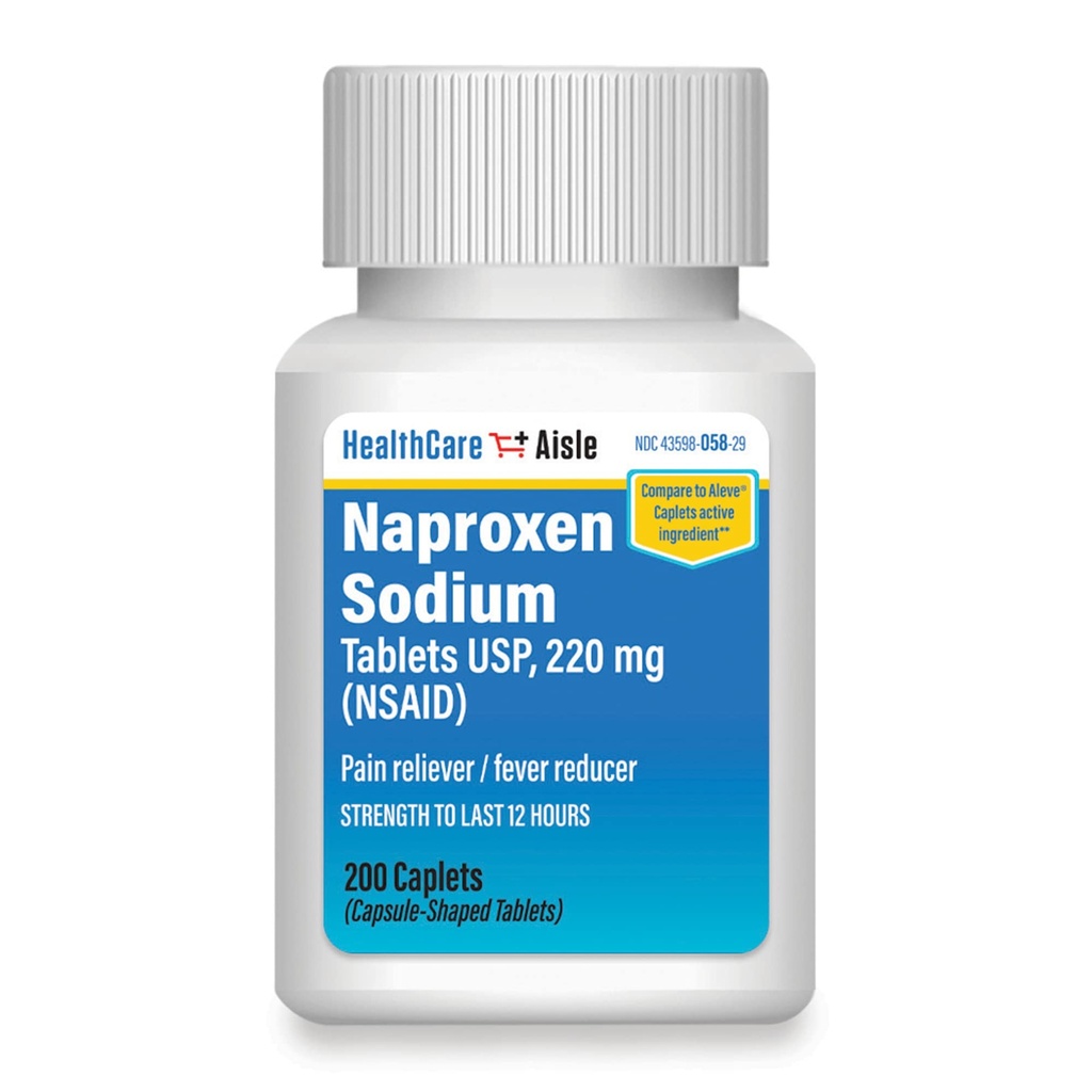 HealthCareAisle Naproxen Sodium, 220 מ"ג - 200 קפסולות - Pain Reliever and Fever reductionr, עד 12 שעות של הקלה
