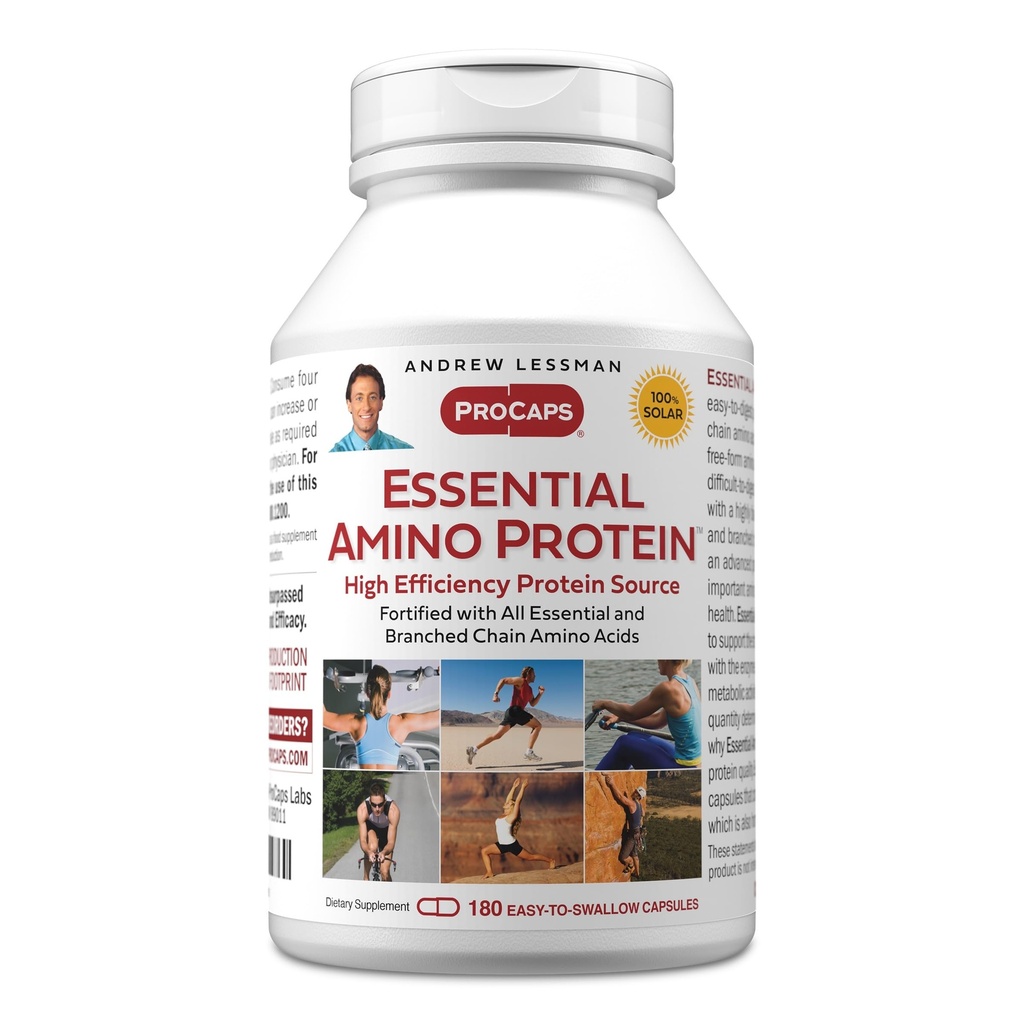 ANDREW LESSMAN Essential Amino חלבון 180 קפסולות - מקור חלבונים ביו-זמינות גבוה עם חומצות חיוניות וקשת Amino Acids. תומך מבנה ותפקוד של אורגניזמים מרכזיים ו- Tissues.