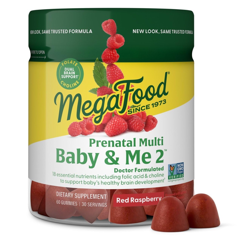 Mega Food Baby & Me 2 ויטמינים טרום לידתי עבור נשים מסטיקנים עם Folic Acid ו Choline לפיתוח המוח של התינוק; פלוס אמיתי פירות- Red Raspberry Flavor - 60 חניכיים (30 משרתים)