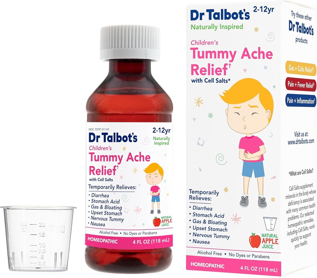 Dr. Talbot's Children's Tummy Ache Relief Medicine - 4 oz - כולל גביע Dosage - עבור 2-12 שנים זקן - Natural Apple Flavor (Packaging Varies)