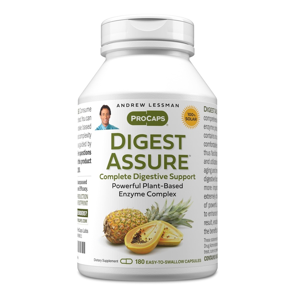 ANDREW LESSMAN Digests Assure 180 קפסולות - תערובת מקיפה של Enzymes טבעי Powerful כדי לתמוך ולשפר את הבריאות, Vegetarian-Sourceed Enzymes, Small Easy to Swallow כמוסות