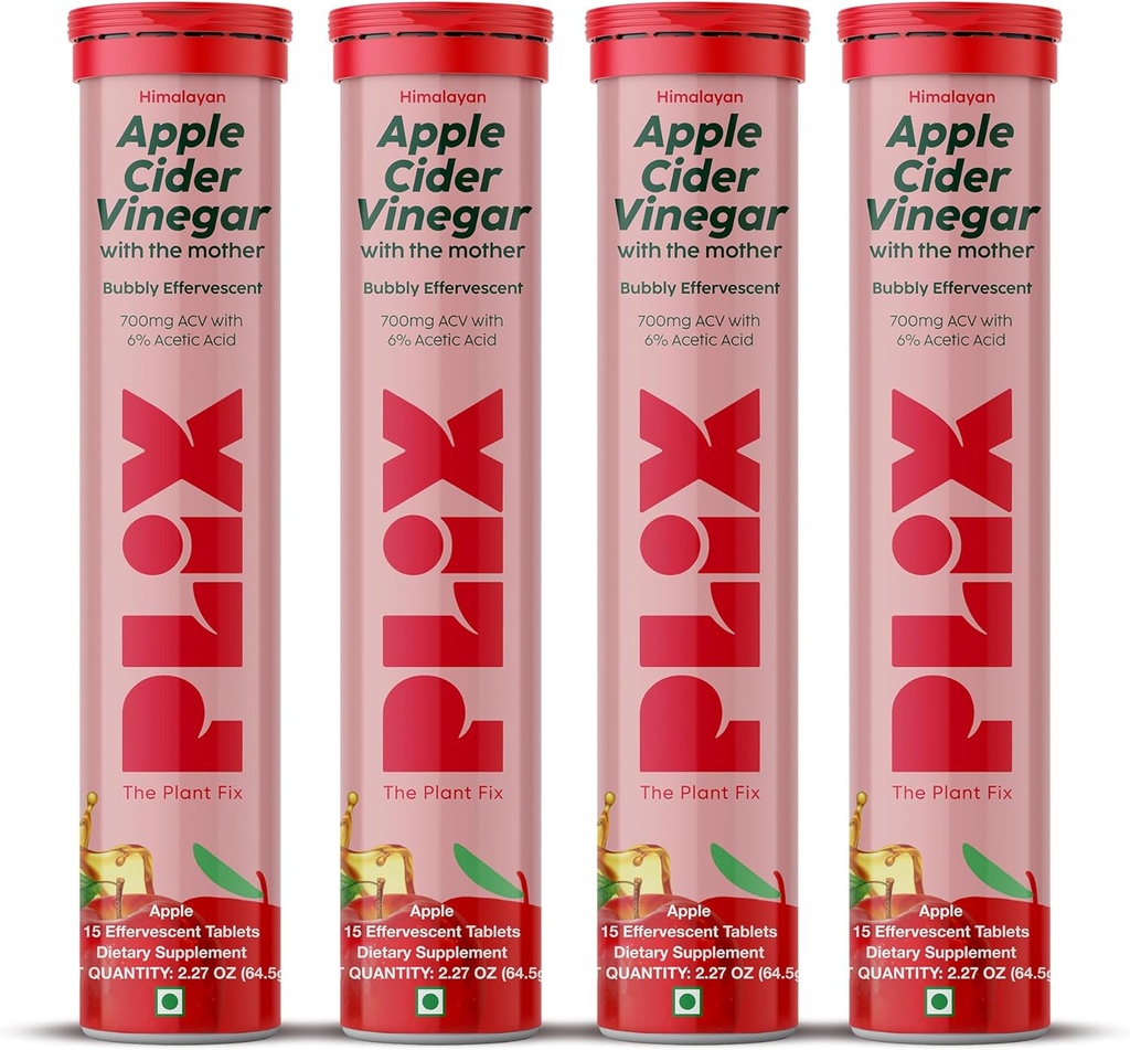 PLIX Apple Cider Vinegar Efferscent Tablet with the Mother, 700 מ"ג ACV עם VIT B12, B6, Pack of 4 | טבעוני, No added Sugar, non-GMO & Gluten-Free