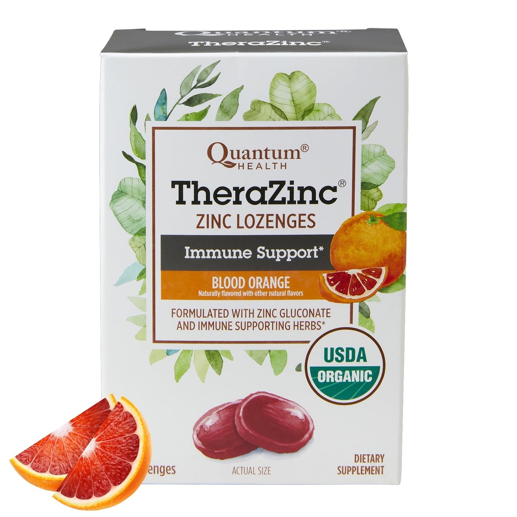 בריאות קוונטית TheraZinc אורגני Zinc Lozenges Echinacea & Honey Immune תמיכה למבוגרים וילדים 12+ באופן טבעי, Blood Orange Fast Relief with No Aftertaste - 25 Count