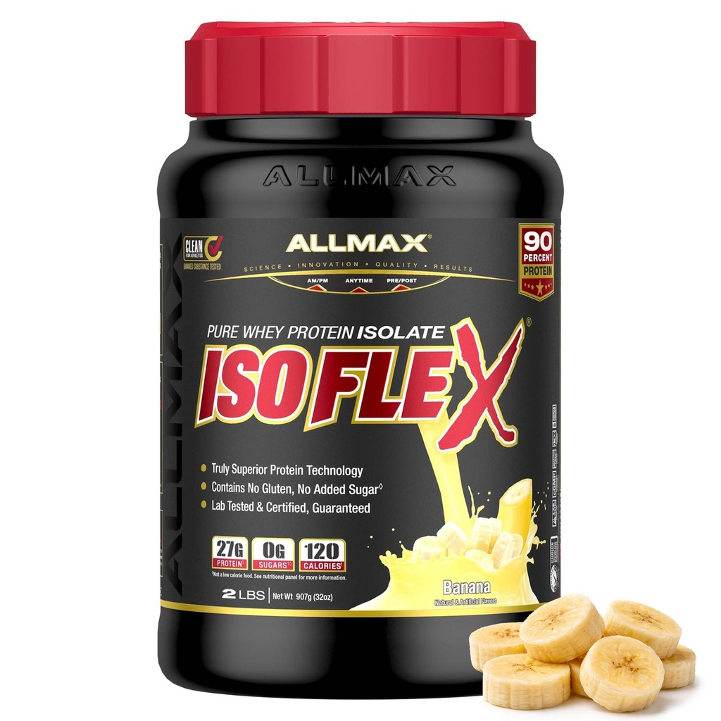 AllMAX Nutrition ISOFLEX Whey חלבון Isolate, בננה - 2 lb - 27 גרמים של חלבון Per Scoop - Zero Fat & Sugar - 99% Lactose חינם - גלוט חינם & Soy חינם - Approximate 30 משרתים