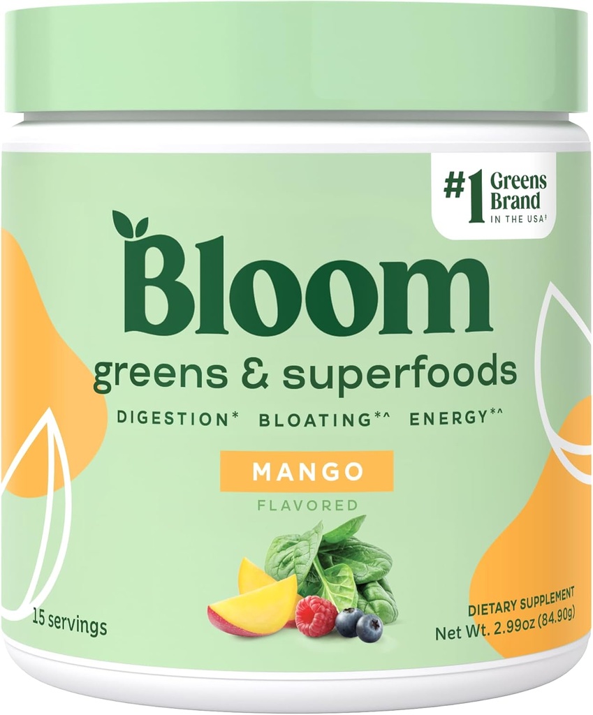 Bloom Nutrition Superfood Greens אבקת, Enzymes w/Probiotics & Prebiotics, Gut Health, Bloating Relief for Women, Chlorella, 15 SVG (15 משרתים (Pack of 1), מנגו)