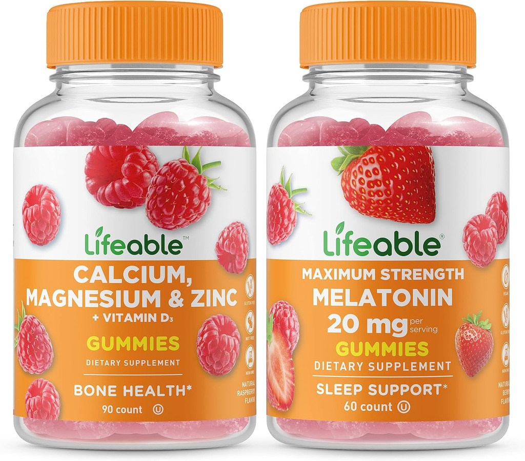 Lifeable Calcium, Magnesium, Zinc & ויטמין D + Melatonin 20 מ"ג, חניכיים Bundle - Great Tasting, ויטמין, Gluten Free, GMO Free, Chewable Gummymymymy