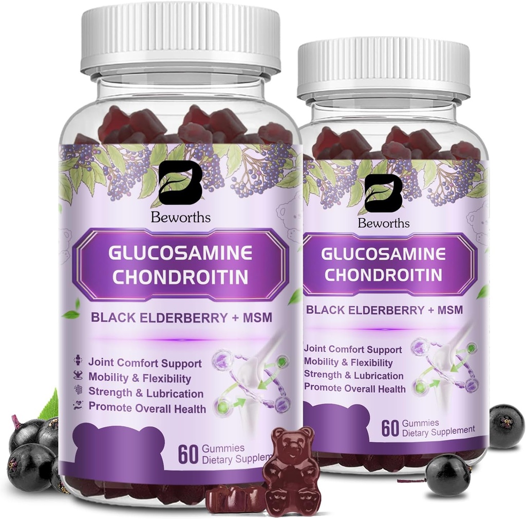 (2 Pack) Glucosamine Chondroitin Gummies, תוספת תמיכה משותפת תוספת כוח עם MSM & Elderberry ניידות & גמישות, תמיכה אנטי-חמצן עבור גברים ונשים, 120 חניכיים