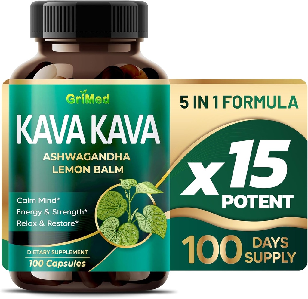 GriMed Kava 19,700 מ"ג - X 15 Power with Ashwagandha Lemon Balm - כוח, להירגע, לשחזר, Calm - מיוצר בארה"ב (100 ספירה)