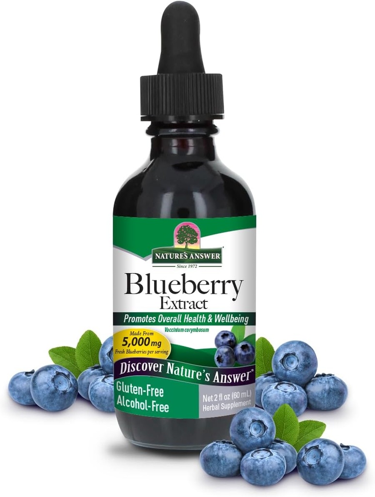 Natures answer's Alcohol-Free Blueberry פירות 1000 מ"ג 2oz | תמיכה בעין וחזון | גבוה באנטיoxidants | מקדם דם Circulation | Relieves Red and Itchy Eyes