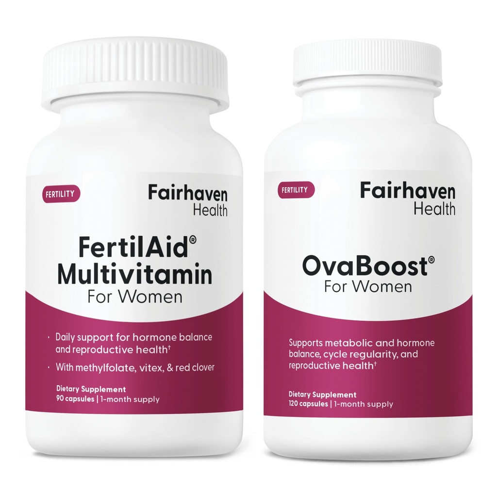 FertilAid for Women & Ovaboost Combo, תוספת פוריות נשית ווויטמין פוריות טבעי עם Myo-Inositol, Vitex & ויטמינים כדי לתמוך Ovulation, מחזור סדירות איכות ביצה, 1 חודש אספקה