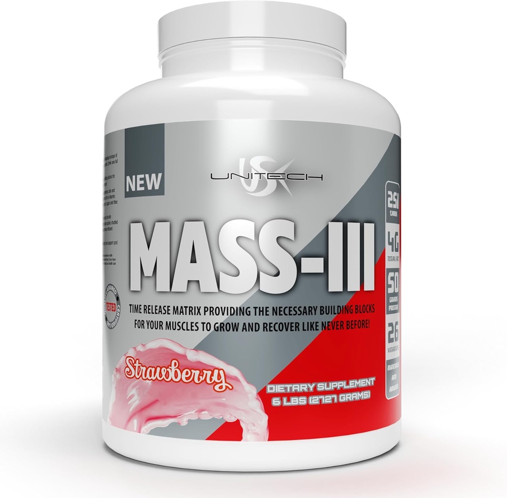 Unitech USK Mass Strawberry אבקת | Absorbable Mass Gainer תוסף | חלבונים, ויטמינים ומינרלים | חלבונים Isolate & Concentrate | תמיכה בצמיחה שרירים & Recovery