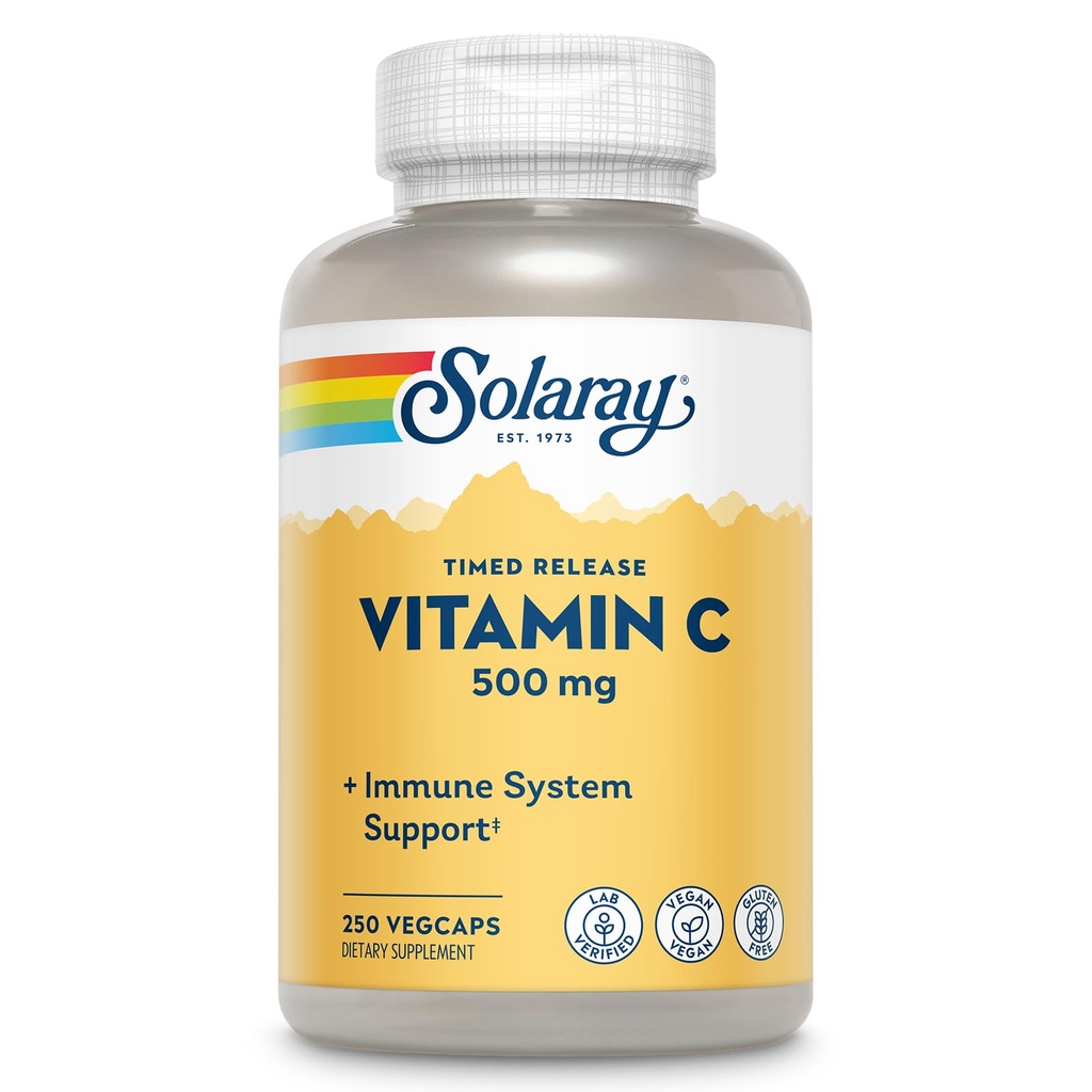 SOLAרי ויטמין C 500 מ"ג, Two-Stage Timed לשחרר - Antioxidant ו- Immune Support Supplement - ויטמין C עם Rose HIPS ו- Acerola, טבעוני, Gluten Free, 60-Day Promise, 250 משרתים, 250 VegCaps