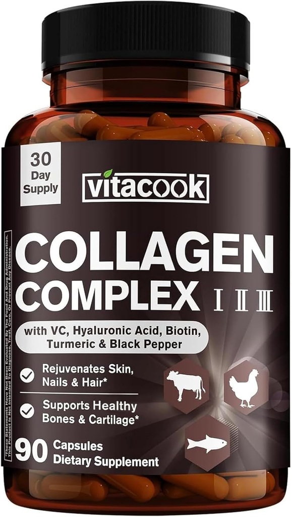 coagen Peptides Complex, Type I, II, III, 2025 MG, hydrolyzed Multi Collagen, VC, ביוטין, HA, Turmeric & Black Pepper, עבור עור, שיער, ציפורניים, 90 Caps
