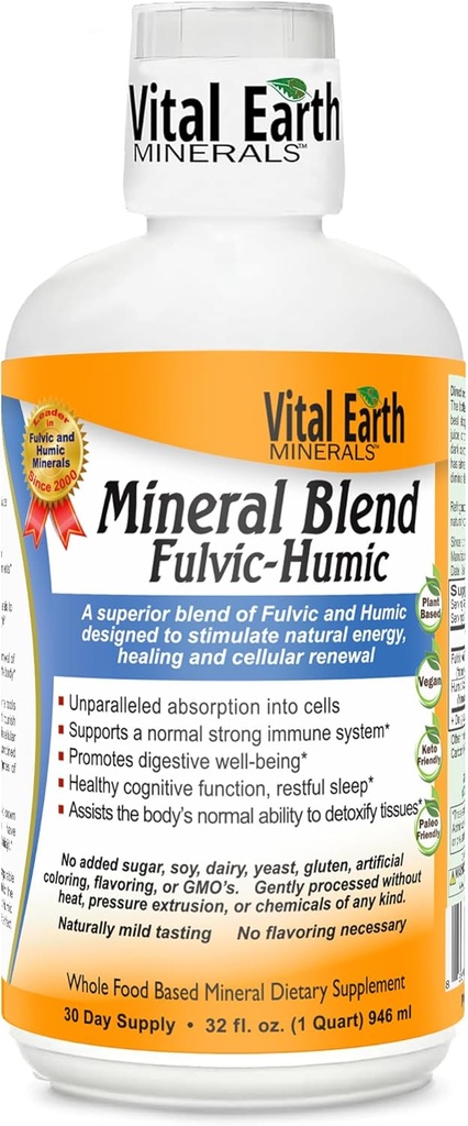Vital Earth מינרלים Fulvic Humic מינרלים תערובת נוזלי - Fulvic Acid תוספת עם 70 + Trace מינרלים, אלקטרוליטים לשיקום, איזון ואנרגיה, 32 Oz + 1 Oz גביע כוס