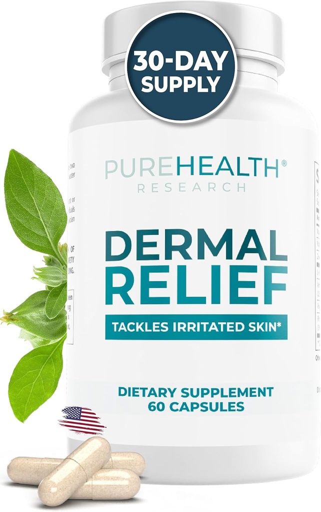 PUREHEALTH RESEARCH Dermal Relief Supplements - for Irritated Skin, Eczema and Dermatitis with L-Histidine, Ashwagandha Root Extract, Rhodiola Crenulata, ויטמין D ו- E - 1 בקבוק - 60 קפסולות