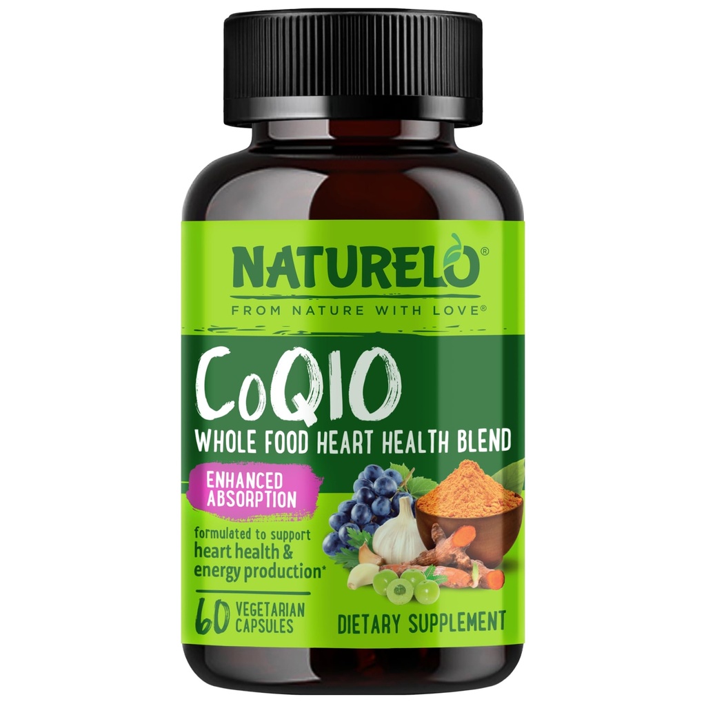 NATURELO Whole Food CoQ10, 60 קפסולות Veg, Heart Health Band, Powerful Antioxidant, CoQ10 100 מ"ג לייצור אנרגיה