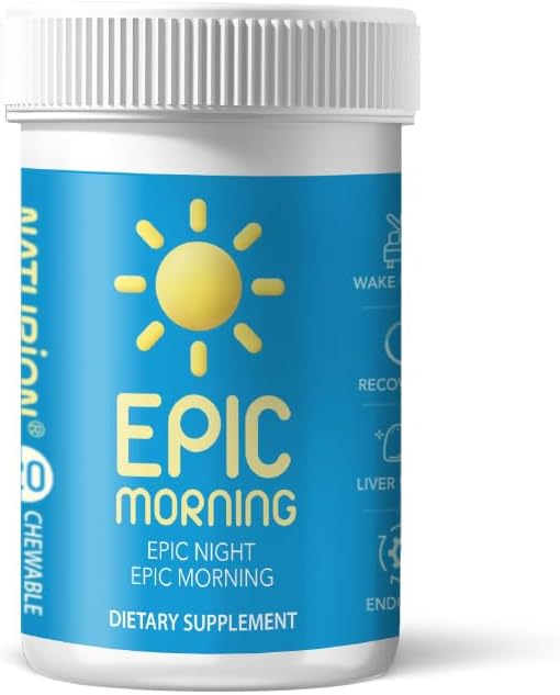 Epic Morning - Liver Detox &תיקון תוסף עם DHM, Milk Thistle, ויטמין C, B1, B2 & Pomegranate - Natural Pomegranate & Peach Flavor - 20 טבליות Chewable עבור Liver Support & Morning Recovery & Morning Recovery