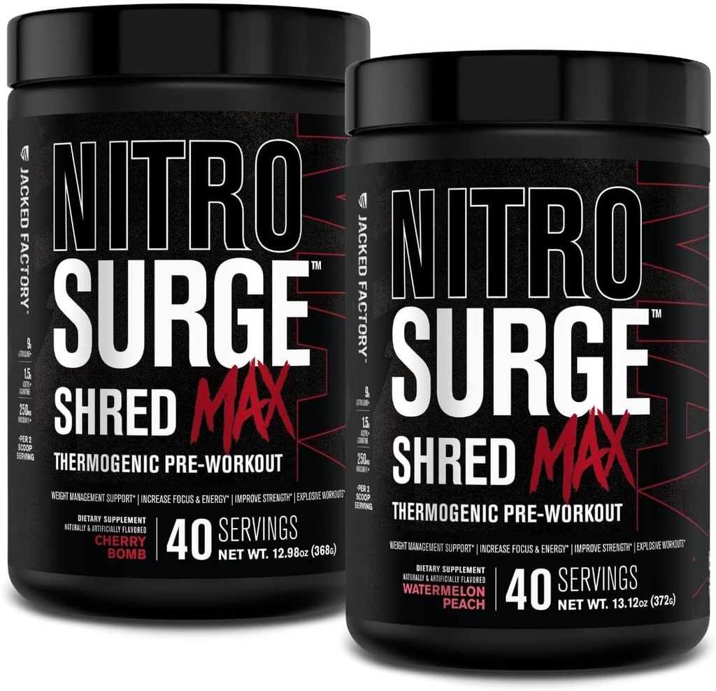 Jacked Factory Nitrosurge Shred Max Preworkout - High-Performance Thermogenic טרום עבודה אבק עם L Citrulline, Acetyl L Carnitine, אורגני Caffeine - 80 משרתים, Cherry Bomb & Watermelon Peach