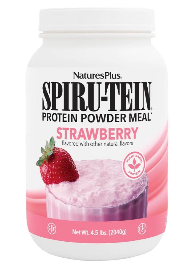 NaturesPlus SPIRU-TEIN, Strawberry - 4.5 lbs - גידול חלבון מבוסס צמחי - non-GMO, Vegetarian, Gluten Free - 60 משרתים